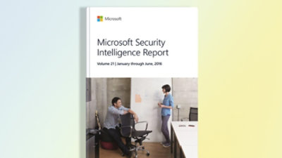 A book with people in the background and text Microsoft Security Intelligence Report visible.