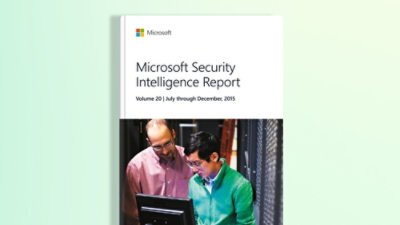A close-up of a book-cover with text reading Microsoft Security Intelligence Report Volume 20 | July through December, 2015.