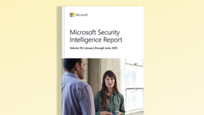 A book-cover with man and woman talking and text displaying Microsoft Security Intelligence Report Volume 19 | January through June, 2015.