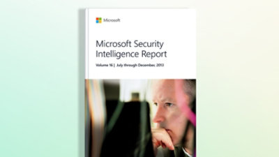A close-up of a book cover with text that reads Microsoft Security Intelligence Report Volume 16 | July through December 2003.