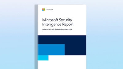 A close-up of a book cover with text that reads Microsoft Security Intelligence Report Volume 14: July–December 2012.
