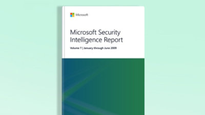 A close-up of a book with a white and green cover displaying the text Microsoft Security Intelligence Report, Volume 7: January–June 2009.