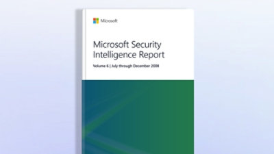 A close-up of a book with a white and green cover displaying the text Microsoft Security Intelligence Report, Volume 6: July–December 2008.