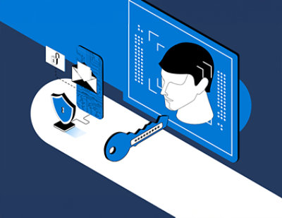  Kompiuterio ekranas su raktu ir žmogaus atvaizdu