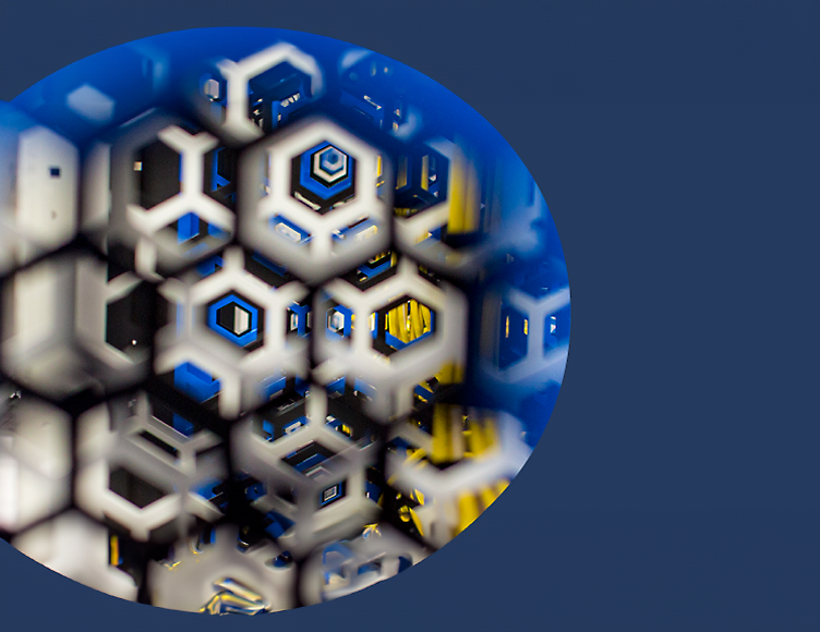 A blue and yellow circle with hexagons in it.