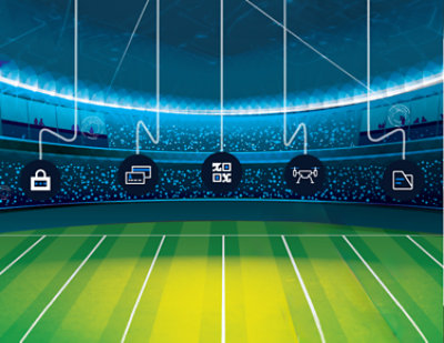 Illustration d’un stade de football américain avec de nombreuses icônes.