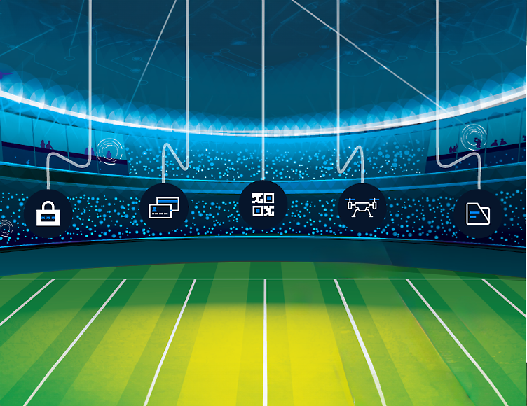 Илюстрация на футболен стадион с множество различни икони.