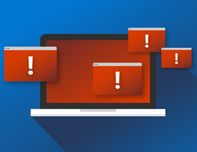 Een laptop met rode uitroeptekens erop.