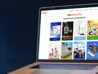 A laptop displaying a website with the text ONET and OUR PRODUCTS: The Best Products in the Right Business.