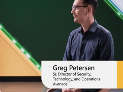 Close-up of Avanade logo with a red letter on a white background.