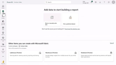 Power BI Contoso Sales dashboard, offering data insights and creation options