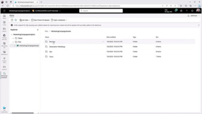 Marketing Campaign Analytics interface displaying data, files, and folders in Power BI.