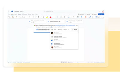 Screenshot of a document with a blue banner suggesting inserting text using a Copilot service. 