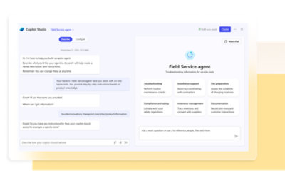 Screenshot of a user interface for configuring a field service agent, featuring text instructions, hyperlinks