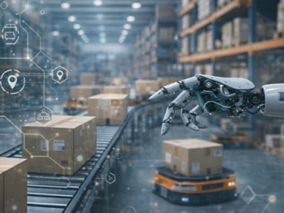 Robotic arm sorting boxes on warehouse conveyor line.