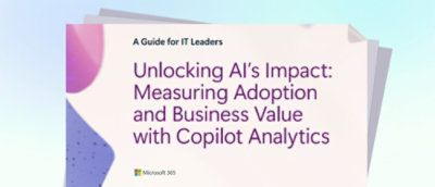 A white rectangular object displays purple text reading A Guide for IT Leaders Unlocking AI's Impact: Measuring Adoption and Business Value with Copilot Analytics.