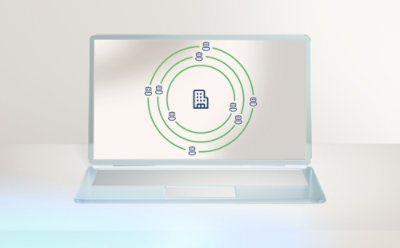 A laptop displaying a circular diagram on the screen.