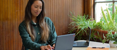 A laptop on a table.