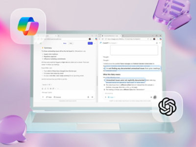 Laptop with Microsoft Copilot summary and ChatGPT interface