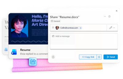 Digital workspace displaying a resume of Maria Chen, Art Director, on a computer interface with email sharing functionality open ready to send resume to Collin@contoso.com