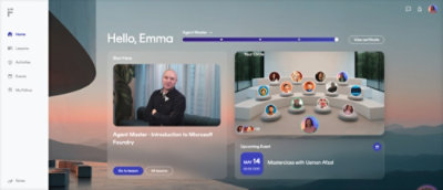A screenshot of a video conference with participants displayed in circular frames and the text Hello, Emma visible.