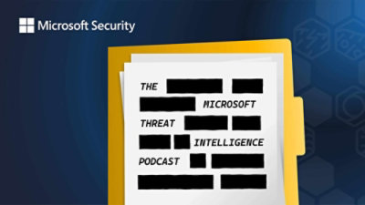 A close-up of a white paper document with the text Microsoft Security The Microsoft Threat Intelligence Podcast on a blue and yellow background.