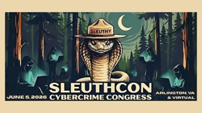 A snake wearing hat and people in hoodies using laptop in the background with text that reads SLEUTHY SLEUTHCON JUNE 5, 2026 CYBERCRIME CONGRESS ARLINGTON, VA & VIRTUAL.