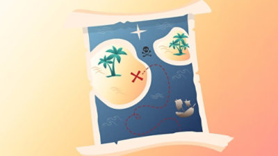 A map of a treasure island with labeled areas and markings.