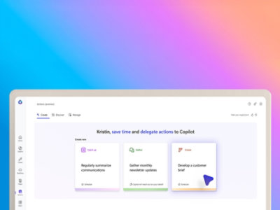 Microsoft 365-dashboard met een actief tabblad Acties, met opties voor het delegeren van acties aan Copilot