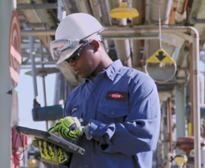 A close-up of a man wearing a white hard hat and gloves with the text DOW.
