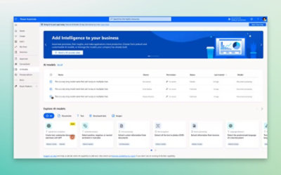 Ein Computerbildschirm, auf dem der Text „Add Intelligence to your business“ [Bringen Sie Intelligenz in Ihr Unternehmen] angezeigt wird.