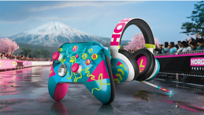 Ángulo frontal del mando y los auriculares inalámbricos Xbox - Forza Horizon 6 de edición limitada