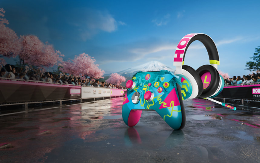 Front right angle of the Xbox Wireless Controller – Forza Horizon 6 Limited Edition and right angle of the Xbox Wireless Headset – Forza Horizon 6 Limited Edition