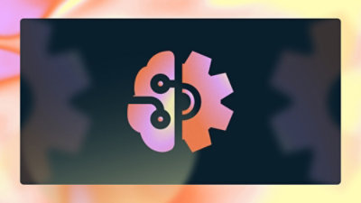 Split brain and gear icon, symbolizing the integration of artificial intelligence with automation or machine processing.