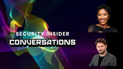 Security Insider Conversations banner with abstract colorful waves and two speaker portraits on a dark background.