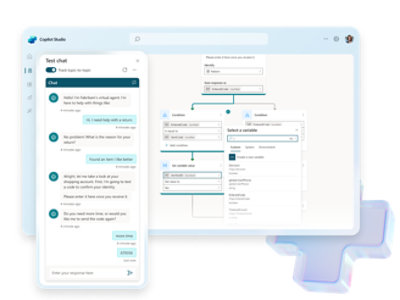 Captura de pantalla que muestra un chat de prueba con la pantalla de diseño de conversación en segundo plano