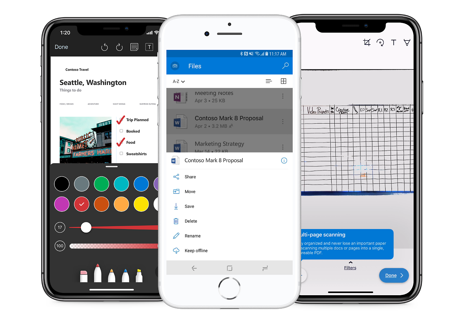 Ba màn hình điện thoại hiển thị các tệp trong OneDrive, một hình ảnh bảng trắng và danh sách việc cần làm khi đi du lịch.