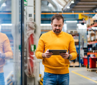 Person in a yellow sweater using a tablet in an industrial warehouse.