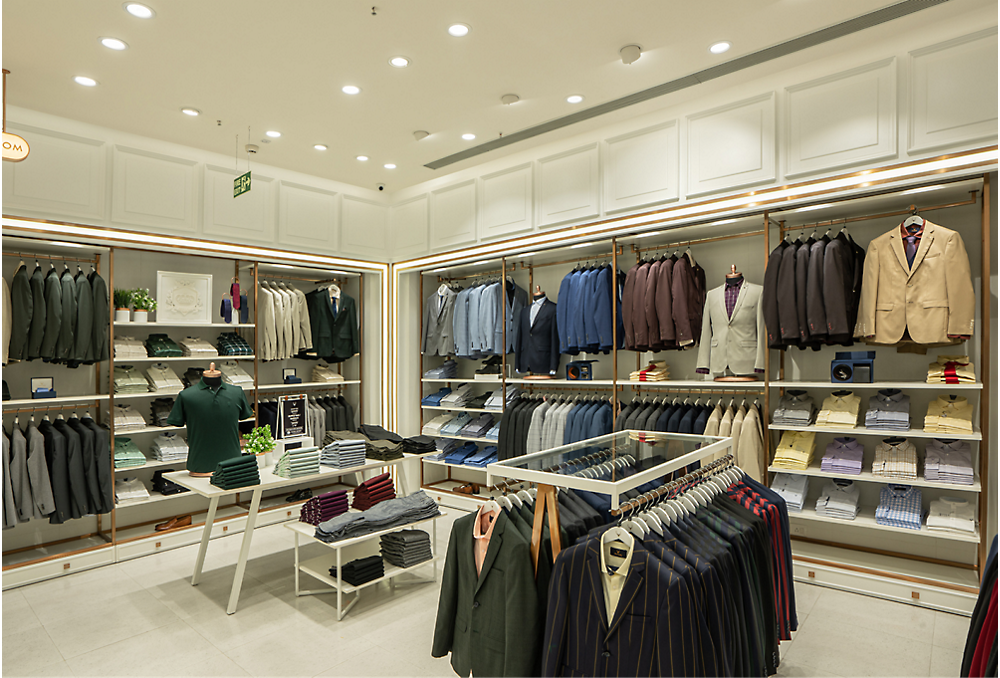 A cloth showroom contain different types of suits.