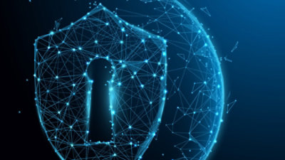 Digital illustration of a glowing blue wireframe shield with a keyhole, symbolizing cybersecurity