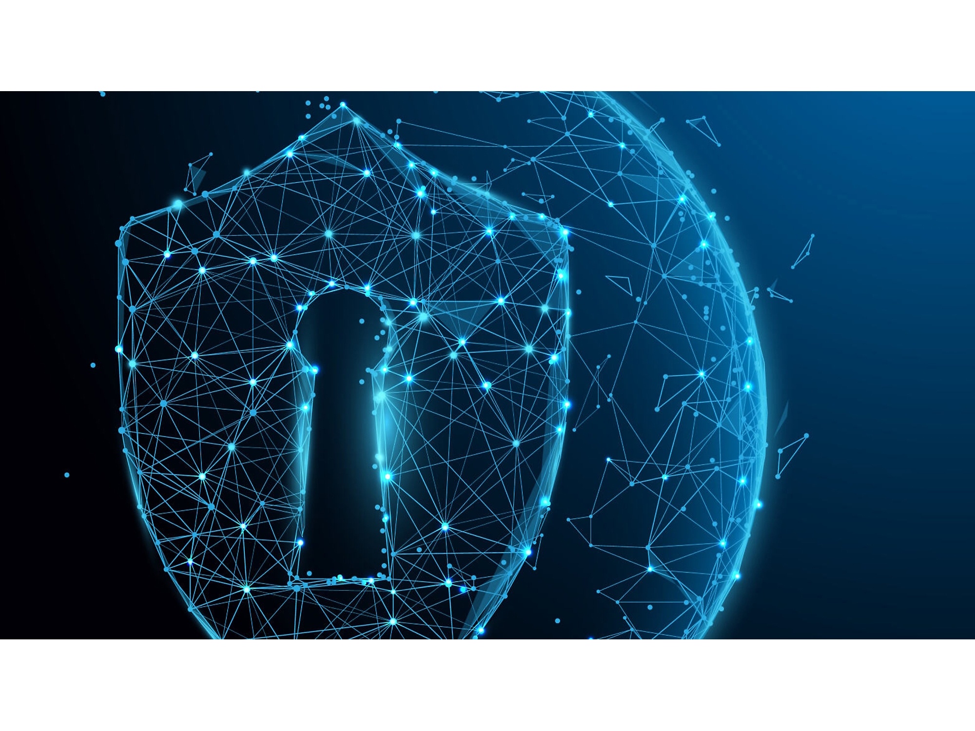 Digital illustration of a glowing blue wireframe shield with a keyhole, symbolizing cybersecurity