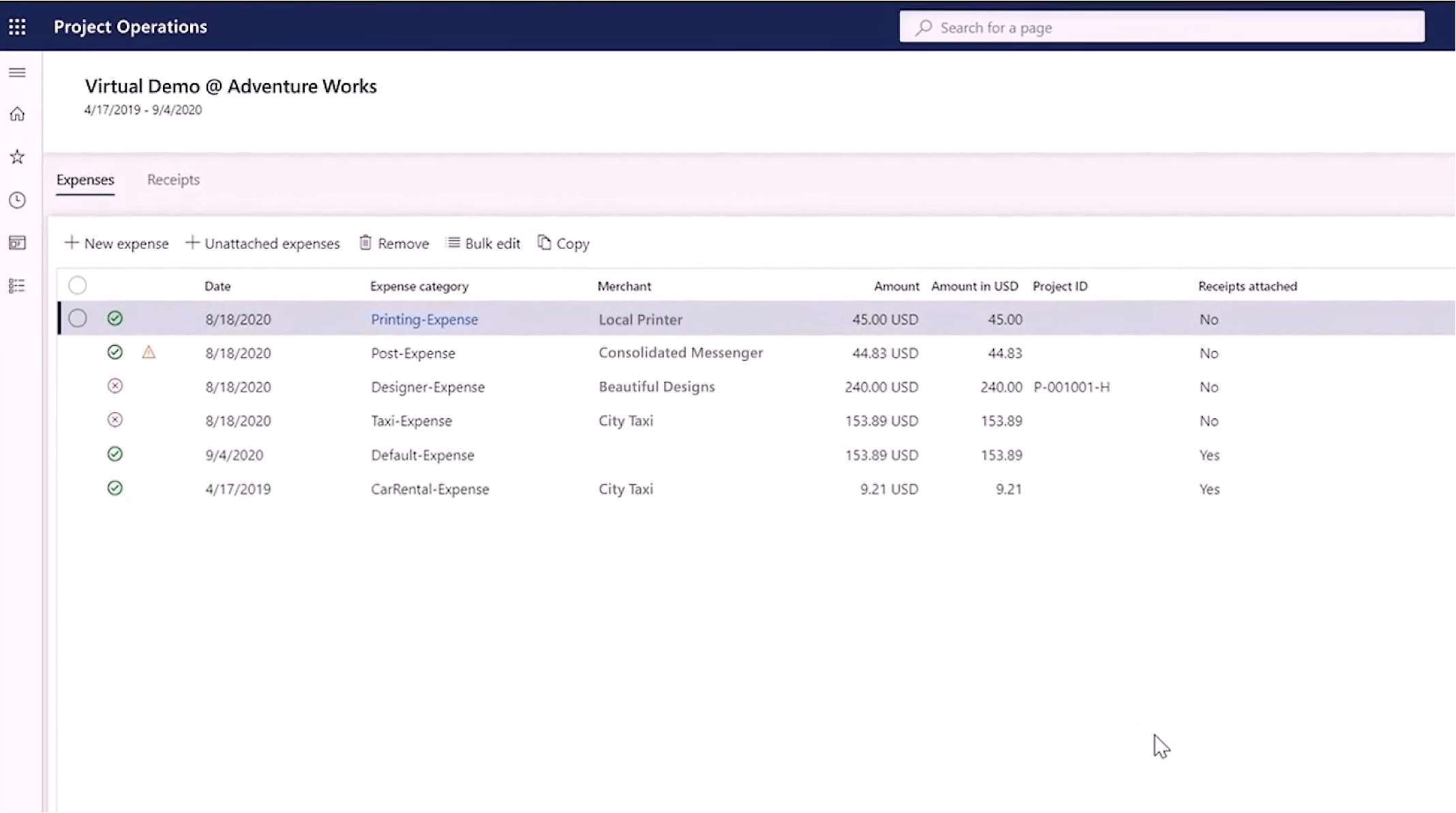 Et skjermbilde av et programvaregrensesnitt som viser en tabell med utgiftsrapporter for et prosjekt, og refunderte kolonner.