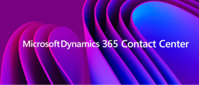 purple and blue gradient background, overlaid with the text "Microsoft Dynamics 365 Contact Center.