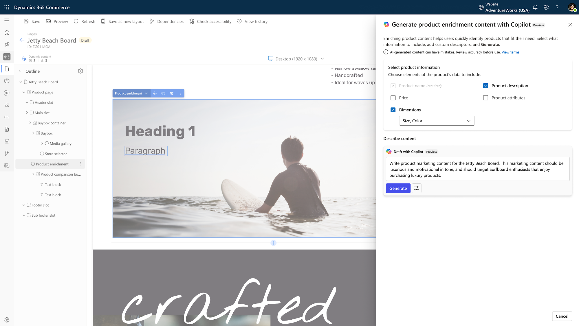 Screenshot of Dynamics 365 Commerce interface with options for product enrichment and marketing content generation for Jetty Beach Board surfboards.