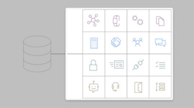 Raster mit 16 Symbolen, die verschiedene Geschäfts- und Technologiekonzepte darstellen, einschließlich Netzwerk, Kommunikation, Sicherheit und Analyse