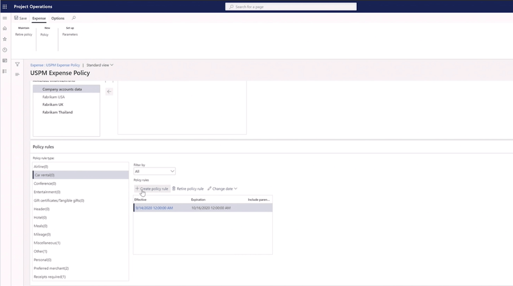 Screenshot di un'interfaccia computer per un sistema di gestione dei criteri di spesa.