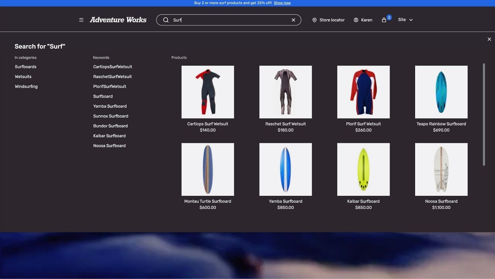 Promotion: Buy 2+ surf products, get 25% off. Products include surfboards and wetsuits. Prices listed.