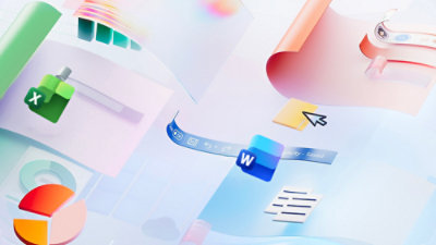 Abstract digital art with Excel, Word icons, floating sheets, pie chart, and UI elements on a soft gradient background.