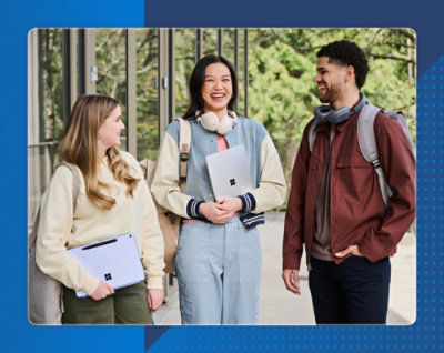 Three students outside chatting, carrying backpacks and Surface devices, with headphones and a modern campus setting.