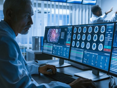 Doctor reviewing brain scan images on multiple monitors.